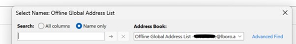 Screen grab of Outlook Global Address List dialog showing search box in which to type name of addressee.