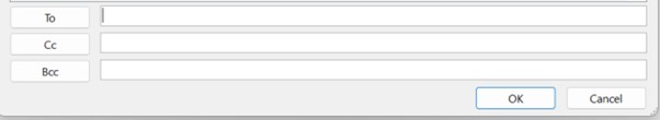Screen grab of Outlook To, Cc and Bcc fields ready for addressee entry.