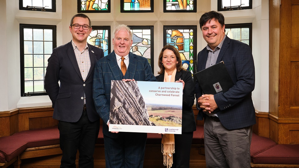 A picture of Dr Jack Matthews, Charnwood Forest Regional Park Board Chair, Cllr Martin Cartwright, Jo Jennings, Visiting member of Loughborough University, and Professor Dan Parsons, Loughborough University's Pro Vice-Chancellor for Research and Innovation