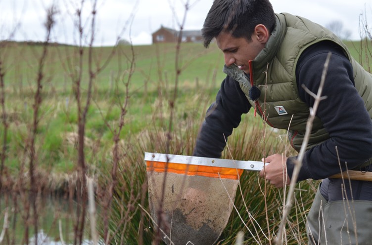 Charlie Patel examines a net for pond biodiversity
