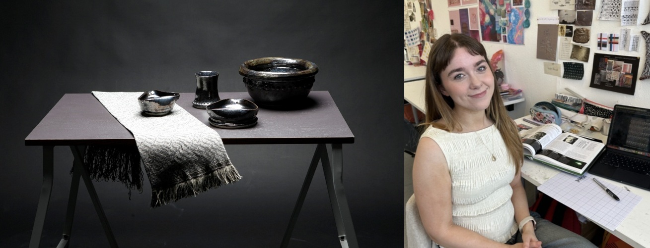 Pictured: Textile Design student Isobel Nicholls with her interior collection.