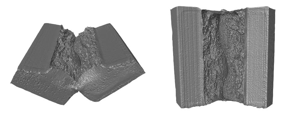 A fracture face scanned with CT and reconstructed into a 3D model