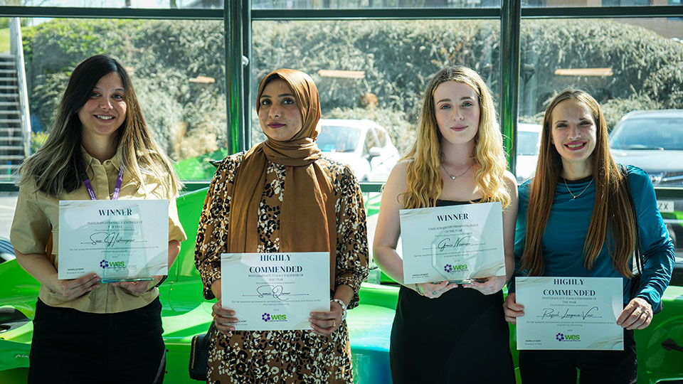 Four female engineers holding certificates at the Female Engineer of the Year Awards 2025