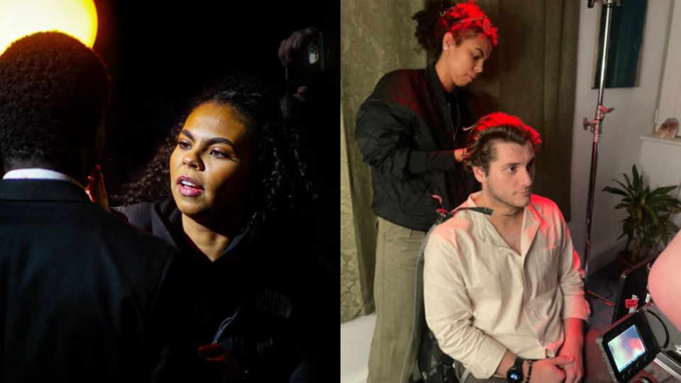 Bayley Greenaway on a film set cutting hair and applying makeup