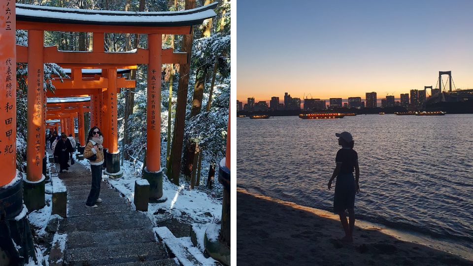 Naomi, on exchange in Japan, on a beach in Japan and in the snow in Japan