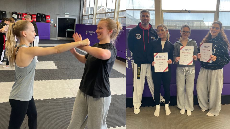 Two students practicing self defence and some attendees with their certificates