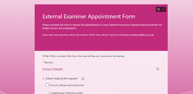Screengrab of the MS Forms form showing the top of the page