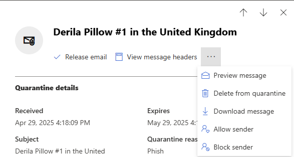Screenshot of quarantine notification email, saying that messaged are being held for you to review within 15 days