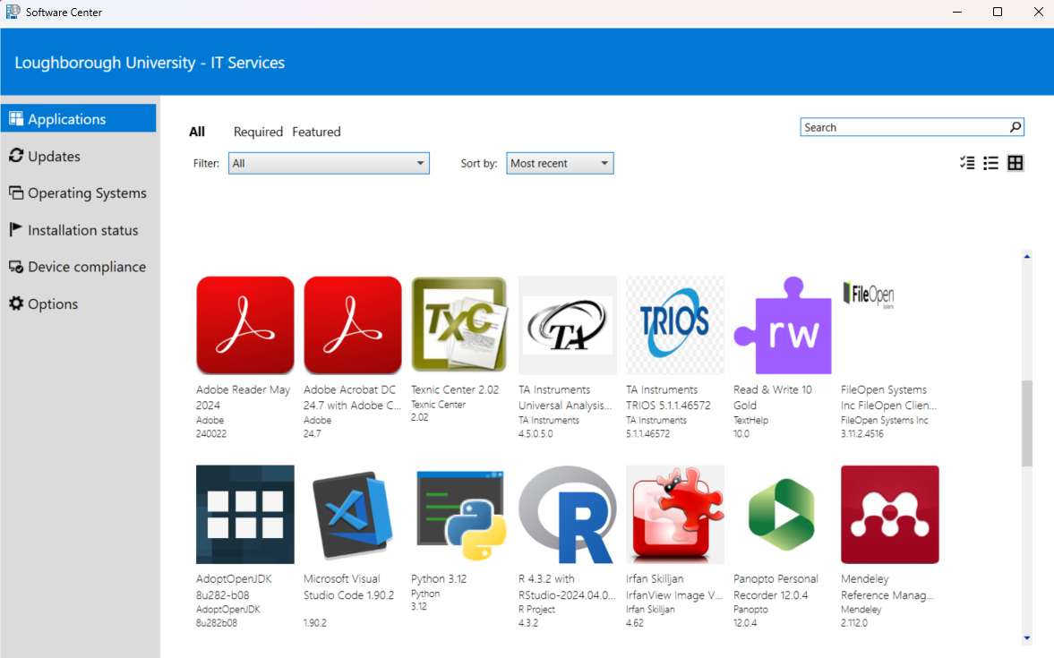 Screenshot of available software