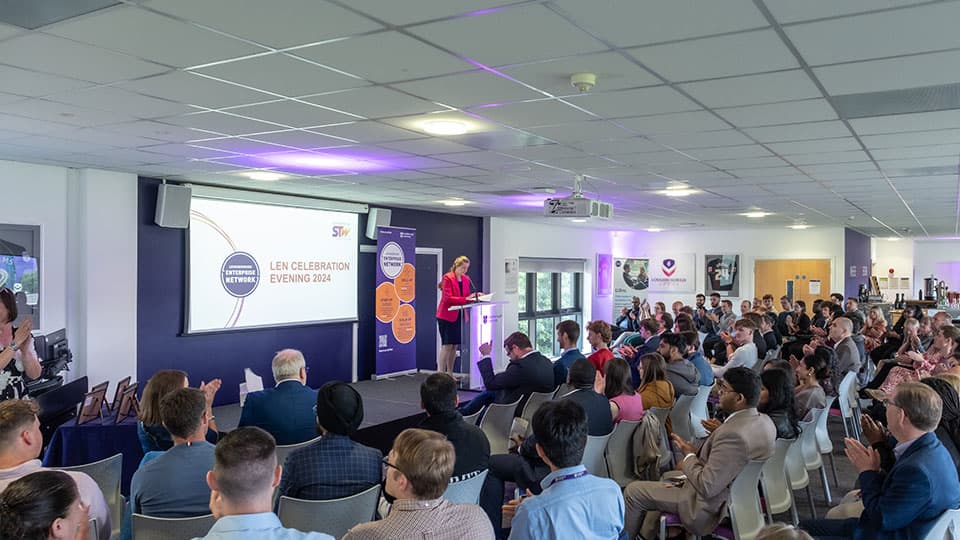 Pro-Vice Chancellor for Education and Student Experience, Professor Rachel Thomson on stage at the LEN celebration event talking to the audience/attendees at University Stadium, Loughborough University.