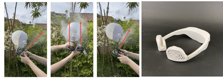 Three images showing testing of the fans with a fake white head, the other image to the right is of the Aeate prototype.