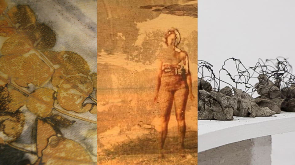 A triptych of images with a blotted, stained fabric on the left, a stained photographic image of a figure in the middle and twisted wire and clay on the right