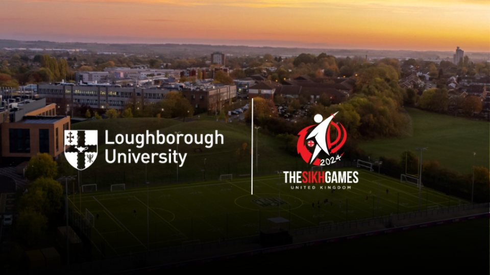 an aerial shot of Loughborough's campus with the logos of the University and Sikh Games overlaid