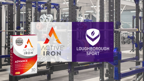 the logos of loughborough sport and active iron against a backdrop of a gym