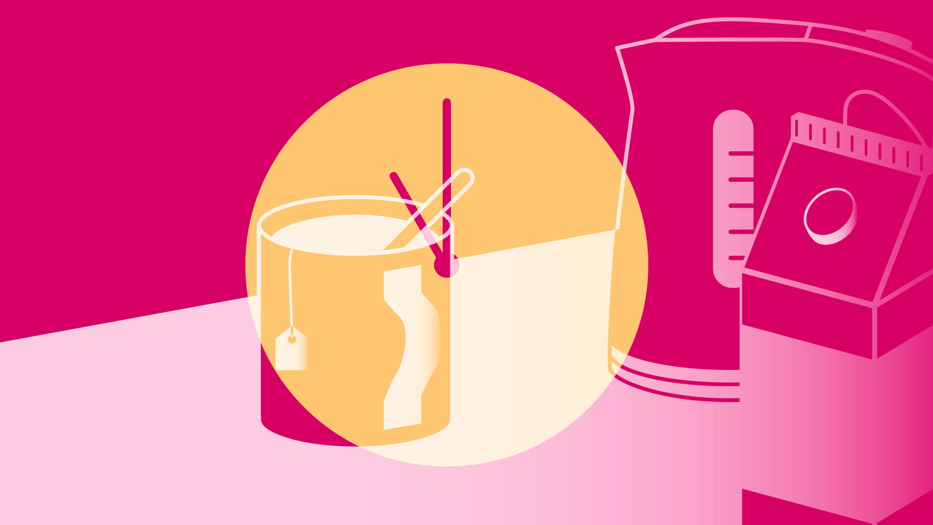 A pink an orange illustration of a kettle, carton of milk and a mug of tea with a clock layered over the top.