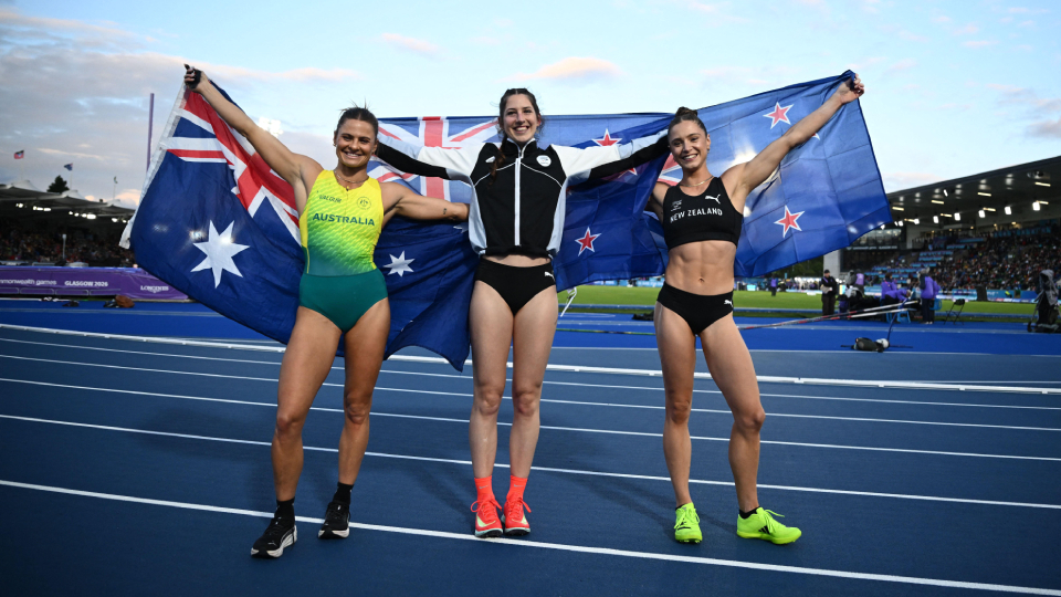 (L-R) Nina Kennedy, Eliza McCartney, and Imogen Ayris celebrate after the Women's Pole Vault Final. Image provided by PA / Alamy.