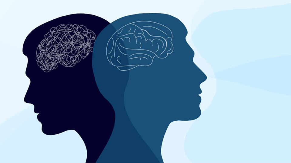 Two silhouettes of human heads with a sketch of a brain inside.