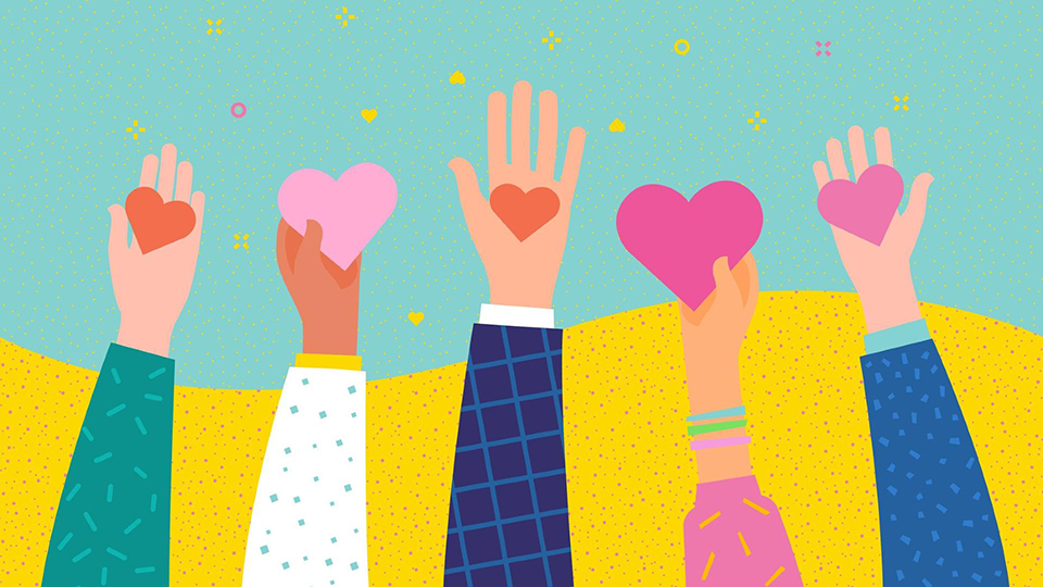 Illustration of five hands reaching up and holding pink and red love hearts.