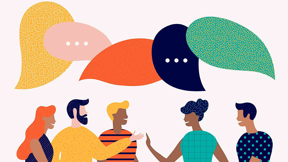 Illustration of five people talking with speech bubbles above their heads.