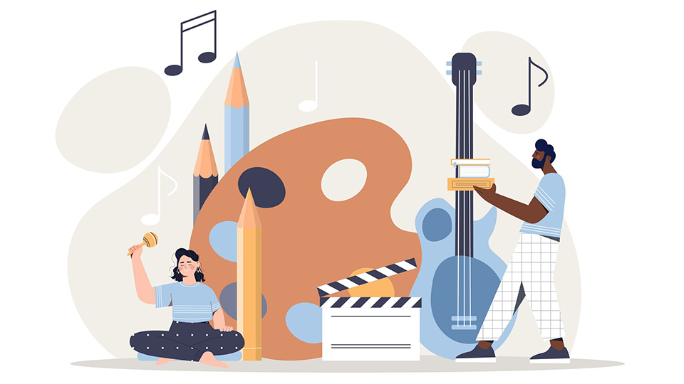 Illustration of a person carrying books and another person sat with legs crossed playing an instrument in front of giant pencils, musical notes, a paint palette and a guitar.