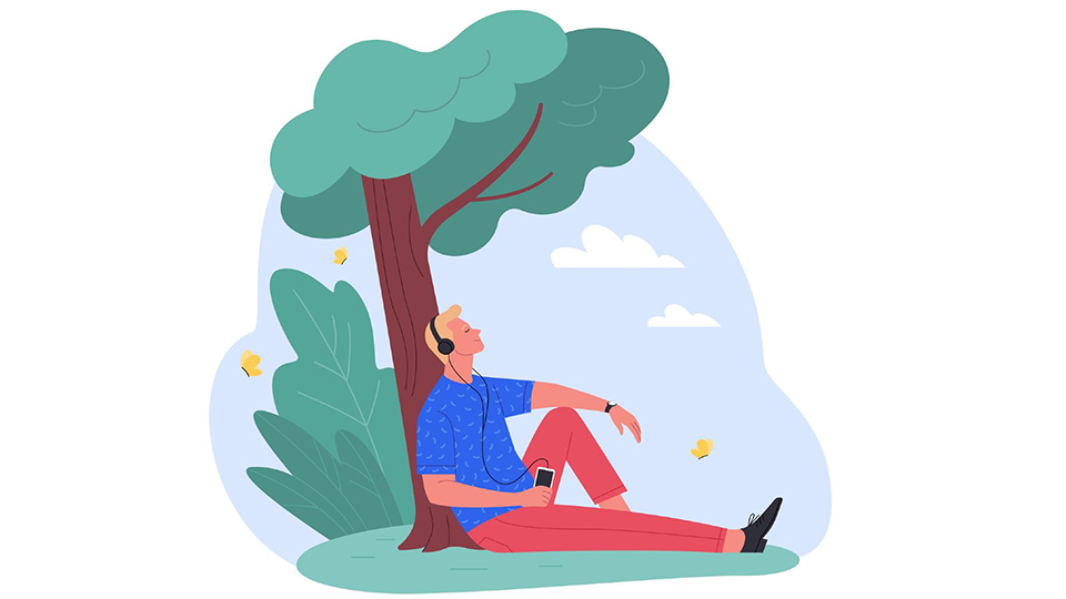 Illustration of a person sitting and leaning against a tree outdoors listening to music through headphones.