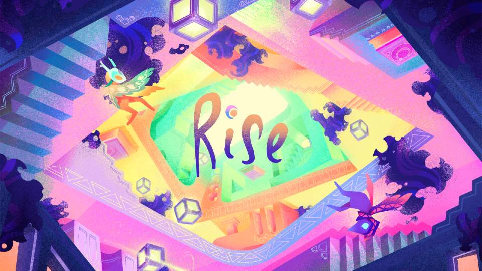 A colourful graphic of different rooms and staircases with the title 'Rise' in the middle.