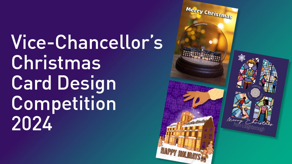 A blue gradient background with text 'Vice Chancellor's Christmas Card Design Competition 2024' with three card examples