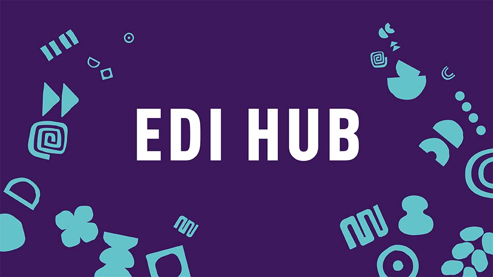 Graphic with 'EDI Hub' text and scattered shapes