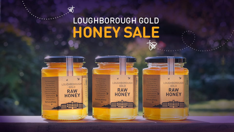 Three jars of Loughborough Gold raw honey in a row on a wooden ledge, 'Loughborough Gold Honey Sale' is written above between two small illustrations of flying bees.