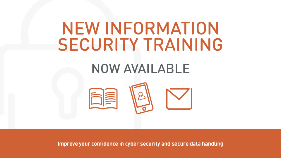 Orange and white image with IT-related icons such as an envelope to promote new Information Security training