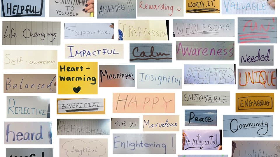 Collage of one word reviews from previous hashtag Me participants