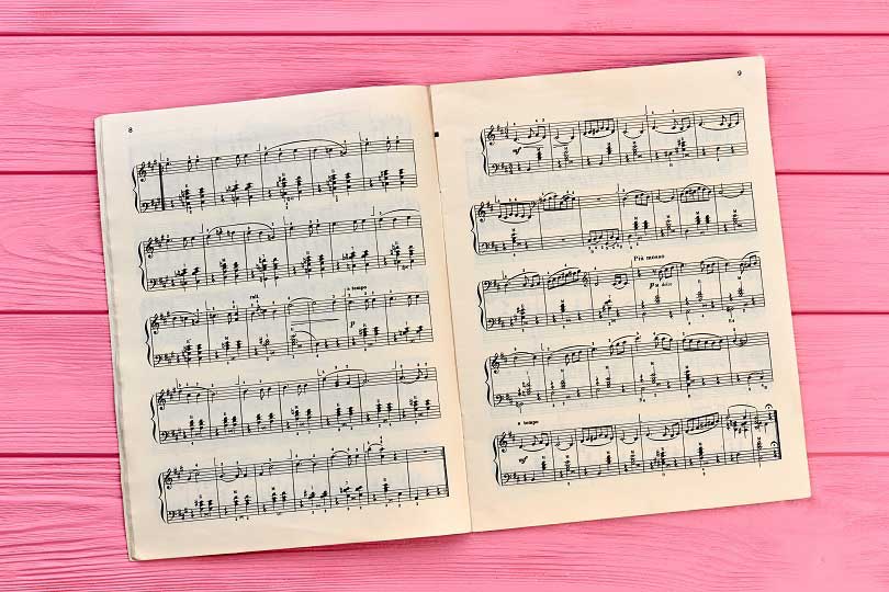 Sheet music booklet open against a bright pink wooden background.