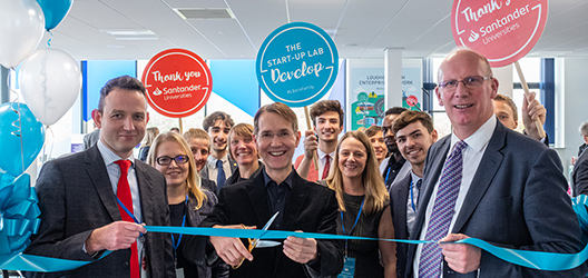 Pictured front, left to right, are Robert Simmonds, Deputy Relationship Director at Santander Universities, Professor Tracy Bhamra, Pro Vice-Chancellor for Enterprise, Andrew Fisher, Loughborough alumnus and Executive Chairman of Shazam, and Professor Bob Allison, Loughborough University's Vice-Chancellor.