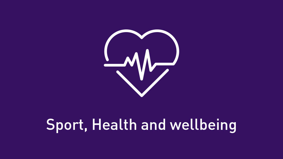 Purple background with icon of heart with heartbeat line running through it. Text reads 'Sports, Health and Wellbeing'